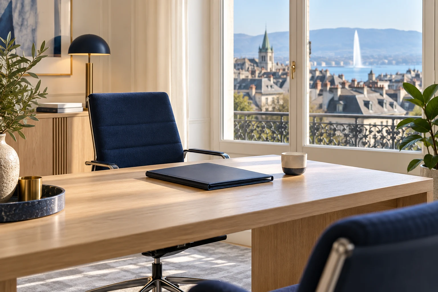 Empty chair and document folder in a Geneva office