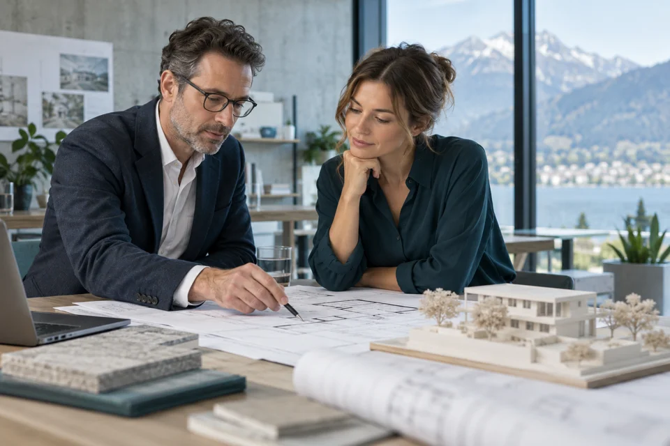 Professional consultant discussing plans with a client