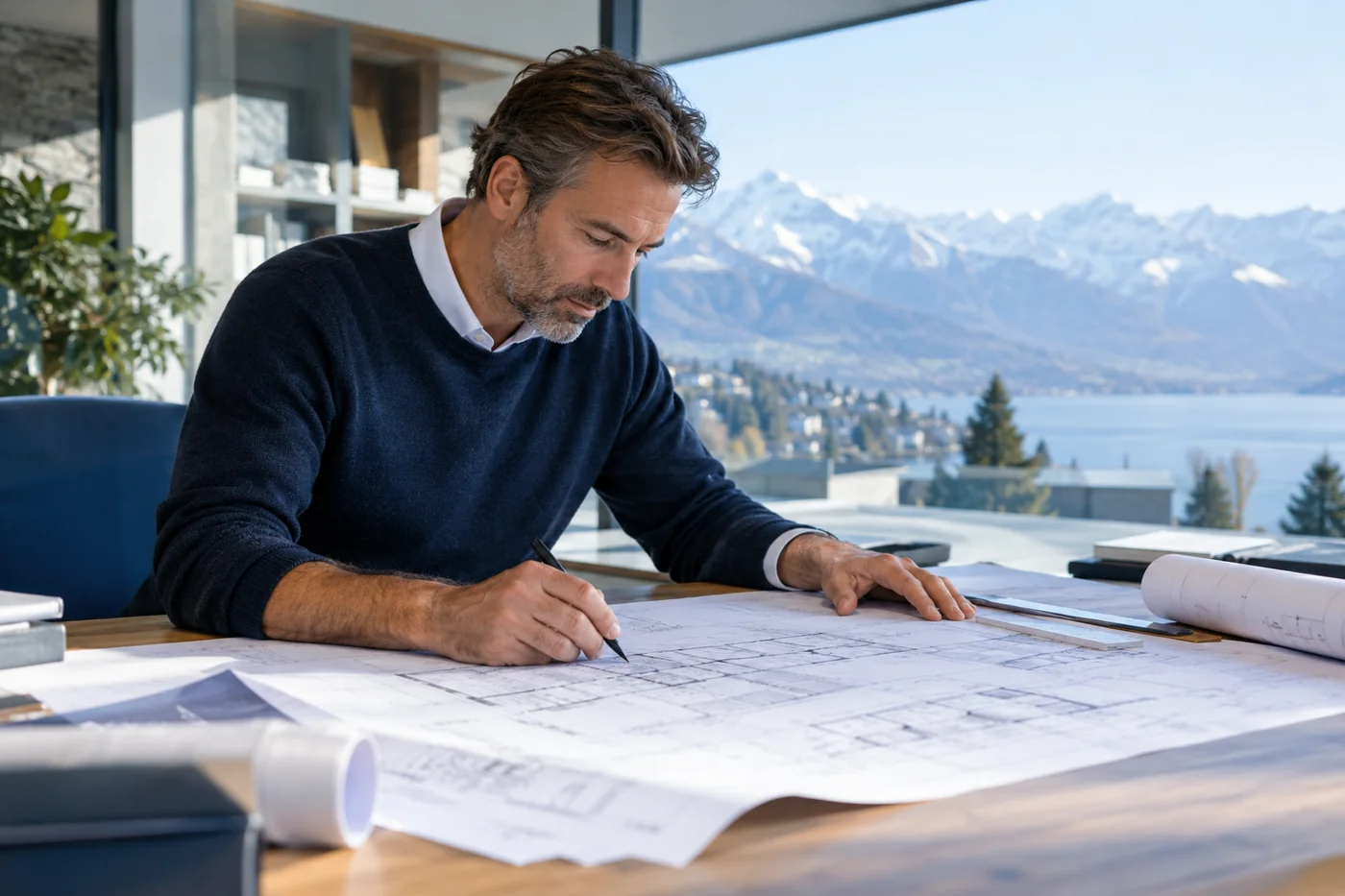 Architect reviewing a building plan
