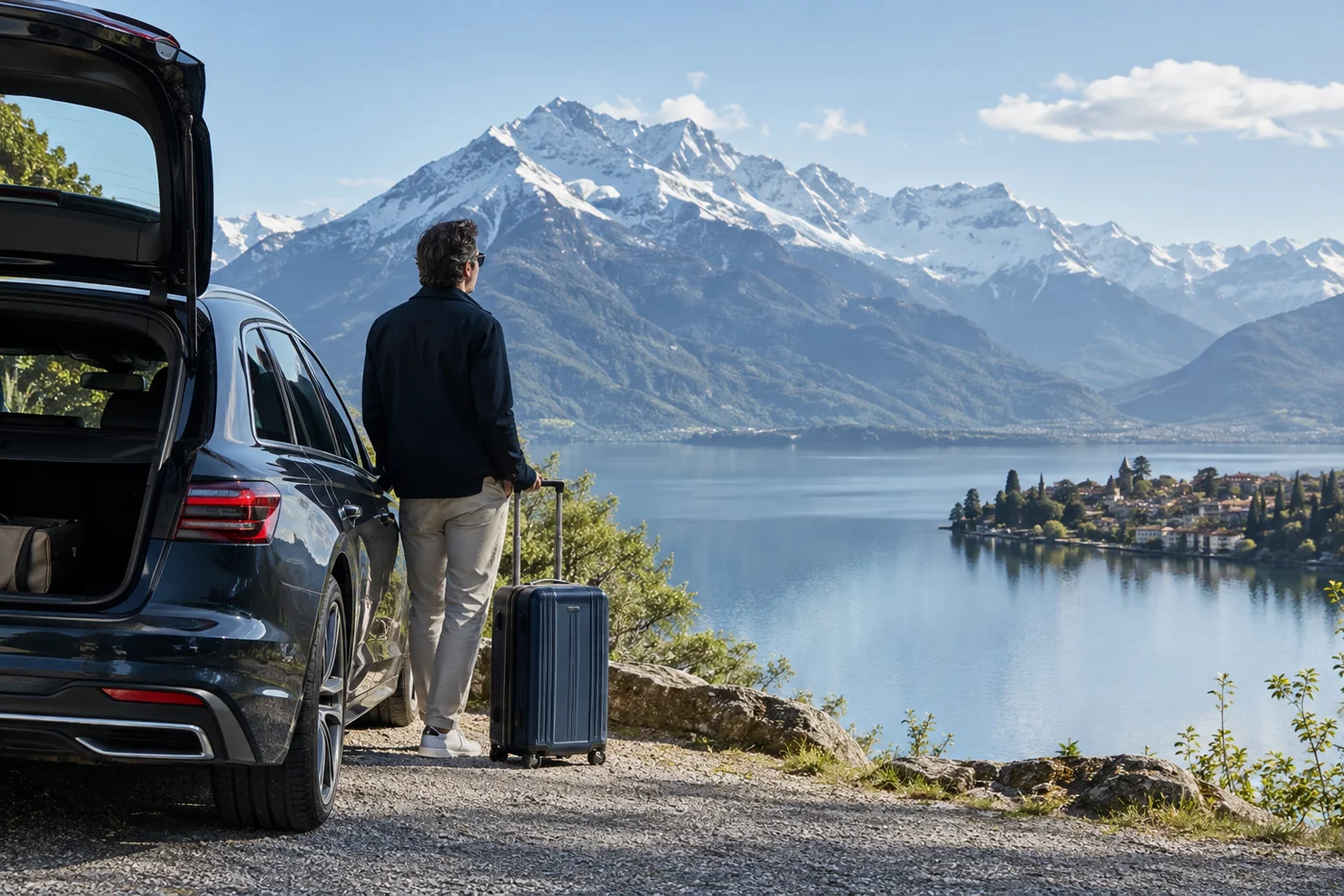 Car and luggage beside an Alpine lake