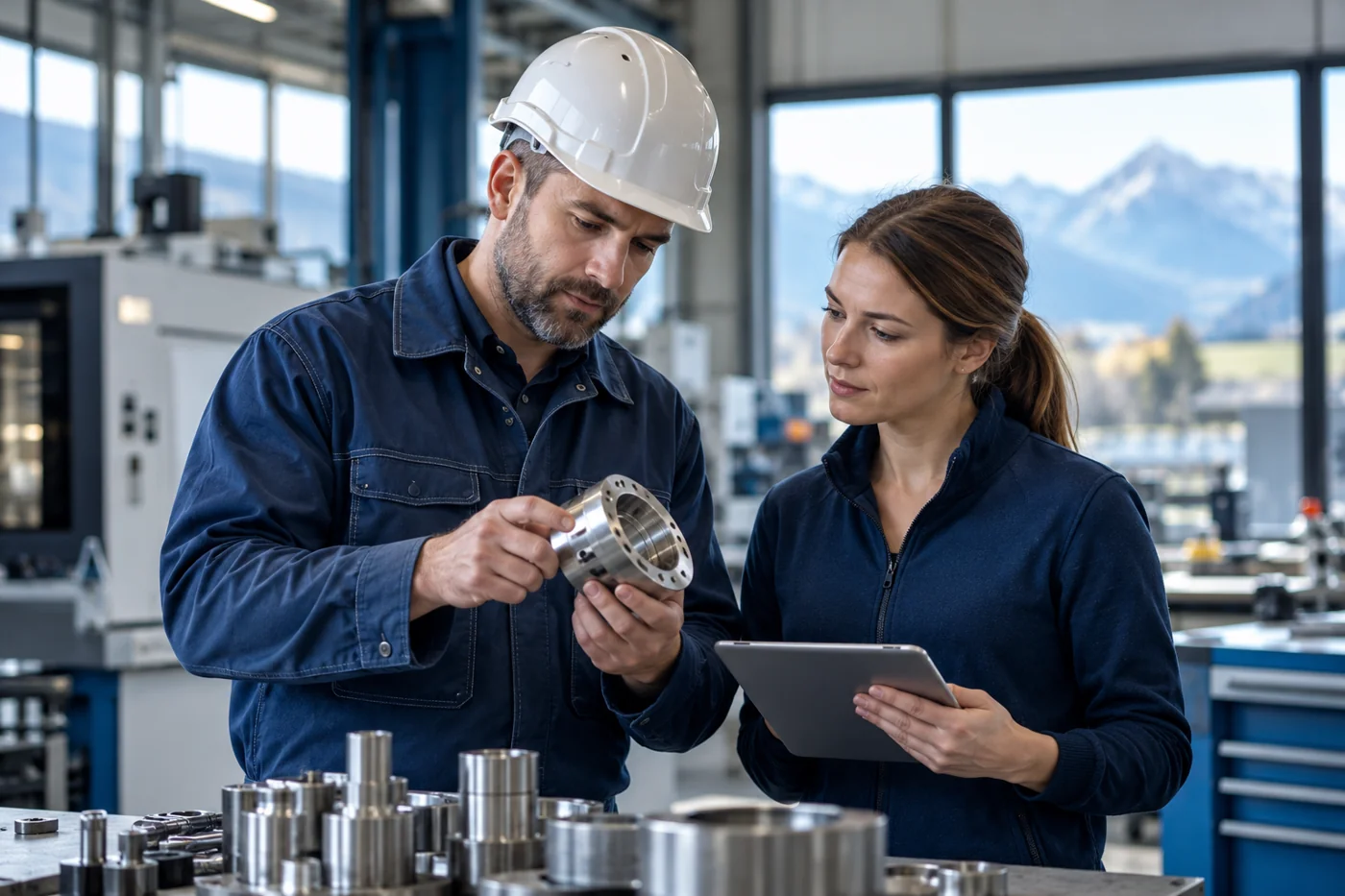 Colleagues in a workshop with safety equipment
