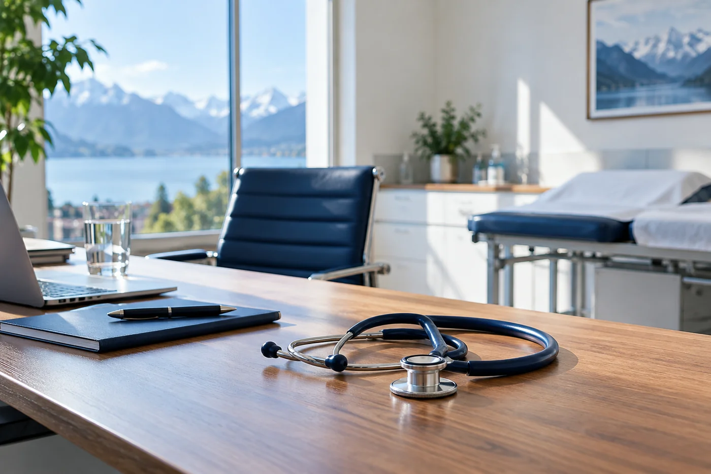 Stethoscope in a bright consultation room