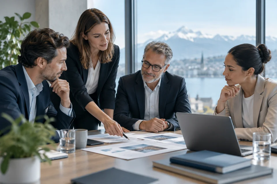Team discussing plans in a modern workplace