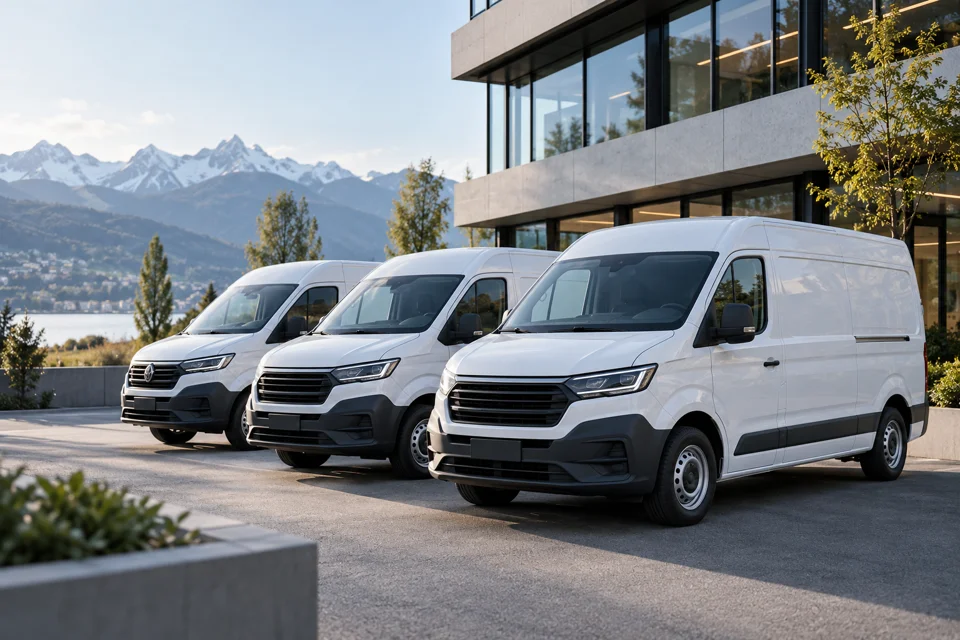 Company vehicles outside a business building
